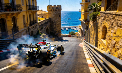 F1方程式赛车摩纳哥大奖赛，赛车在街道飞驰