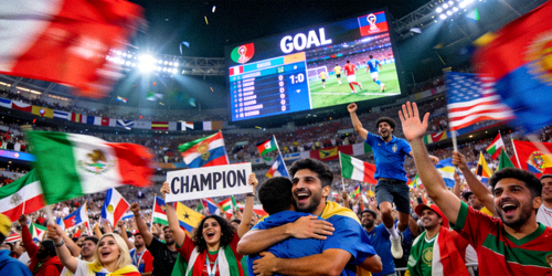 足球世界杯决赛，球迷挥舞国旗庆祝进球